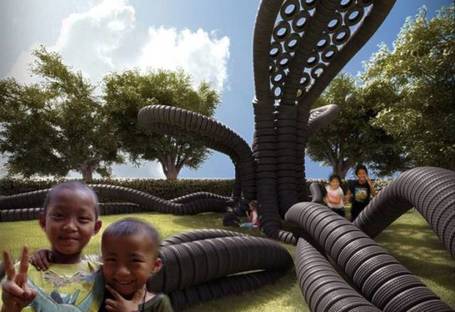 Reused tires create playground for refugee children