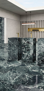 Fiandre ceramic surfaces: marble-effect floors, walls and custom furnishings 
