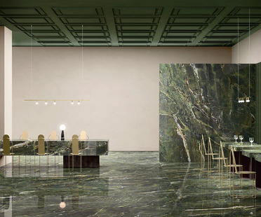 Green, the trendy colour for surface coverings and furnishings, with all the fascination of Fiandre marbles
