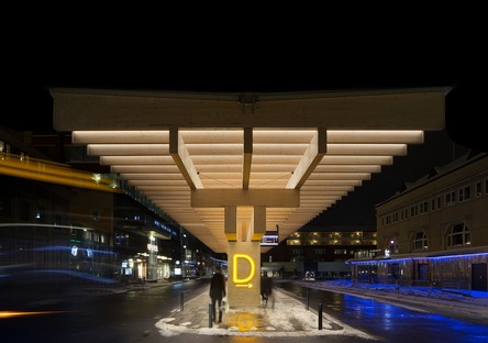 A structure made of concrete and laminated timber for a bus shelter in Umeå, Sweden.