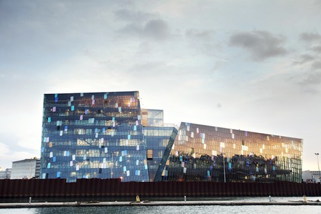 The three-dimensional steel and glass façade of HARPA in Reykjavik

