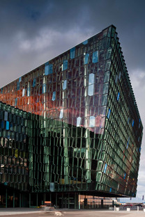 The three-dimensional steel and glass façade of HARPA in Reykjavik
