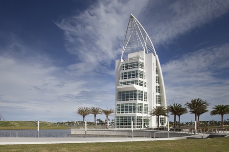 A GWWO tower in Port Canaveral with an iridescent painted façade 
