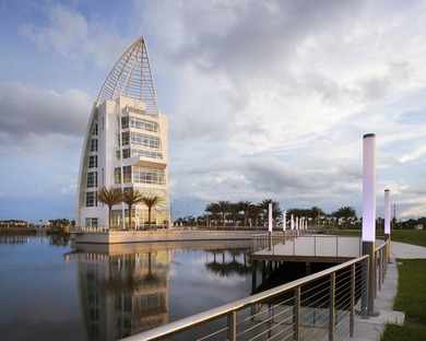 A GWWO tower in Port Canaveral with an iridescent painted façade 
